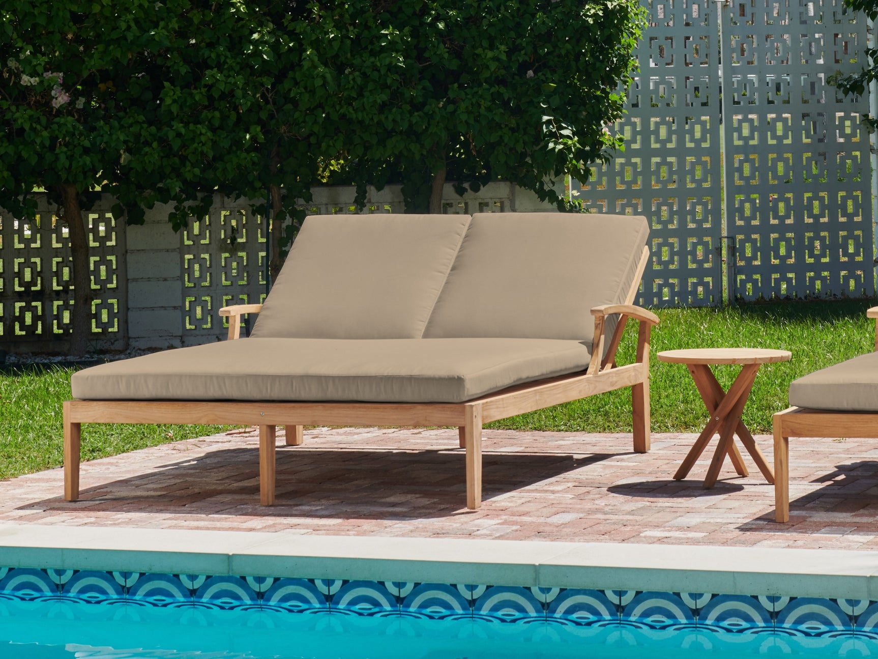 Delano Double Teak Fawn Outdoor Reclining Sunlounger with Sunbrella® Cushion - Ornate Home