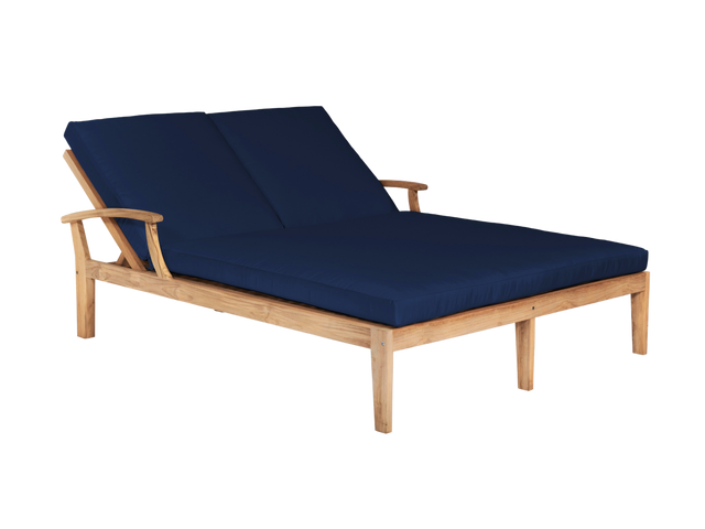 Delano Double Teak Navy Outdoor Reclining Sunlounger with Sunbrella® Cushion - Ornate Home