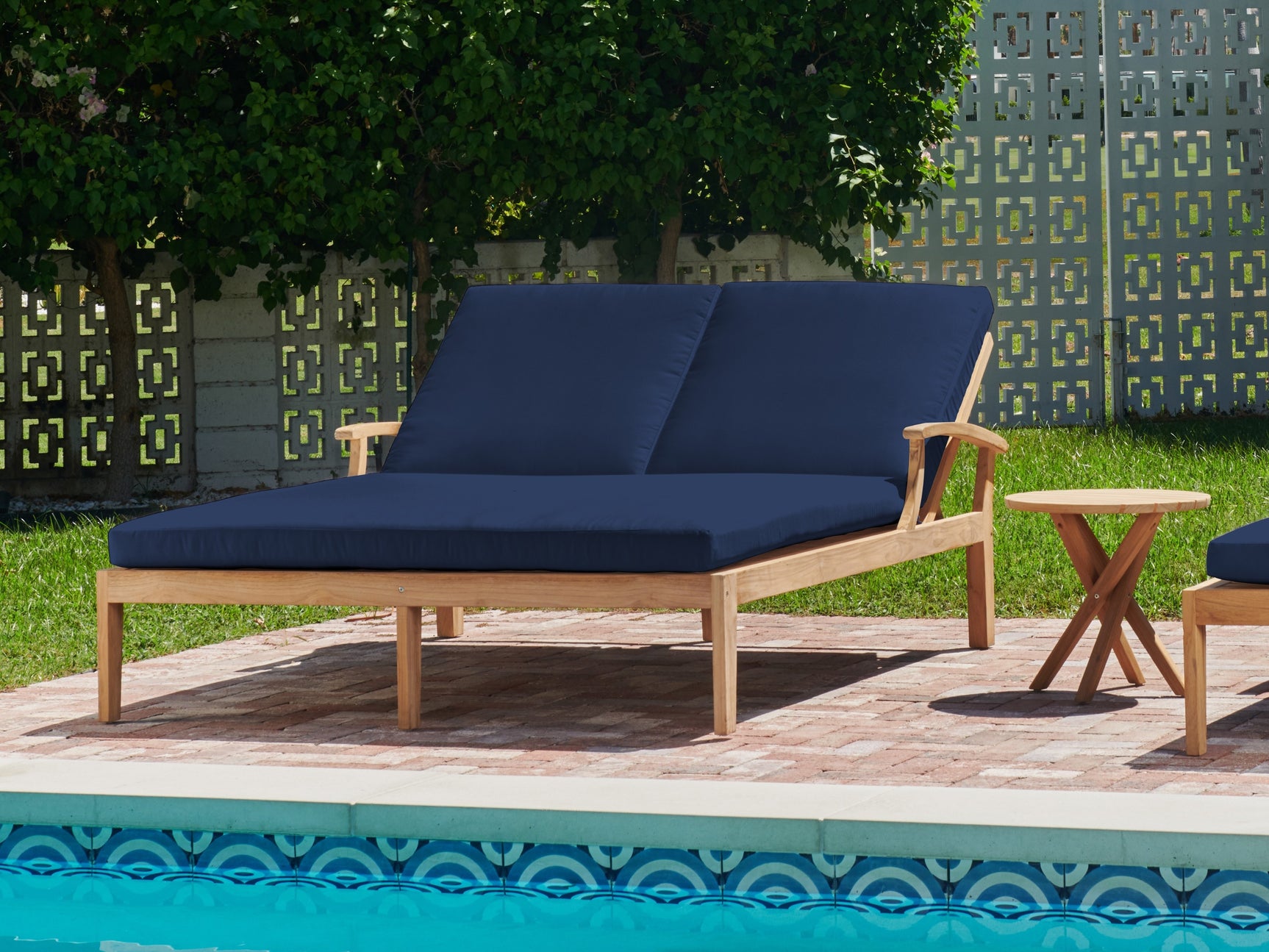Delano Double Teak Navy Outdoor Reclining Sunlounger with Sunbrella® Cushion - Ornate Home