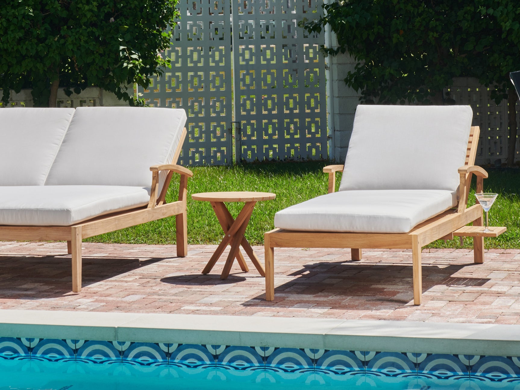 Delano Teak Canvas Outdoor Reclining Sunlounger with Sunbrella® Cushion and Slide-out Tray - Ornate Home