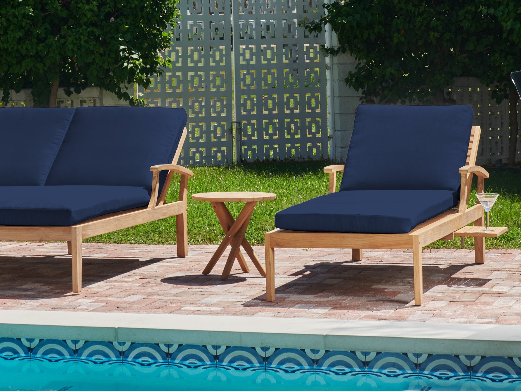 Delano Teak Navy Outdoor Reclining Sunlounger with Sunbrella® Cushion and Slide-out Tray - Ornate Home