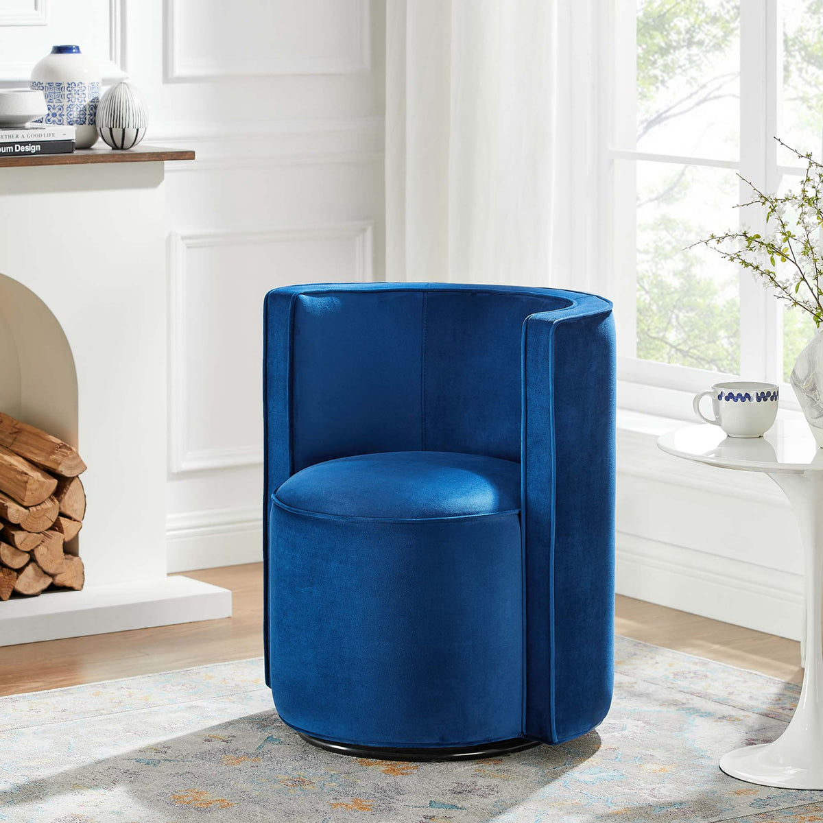 Della Navy Performance Velvet Fabric Swivel Chair - Ornate Home
