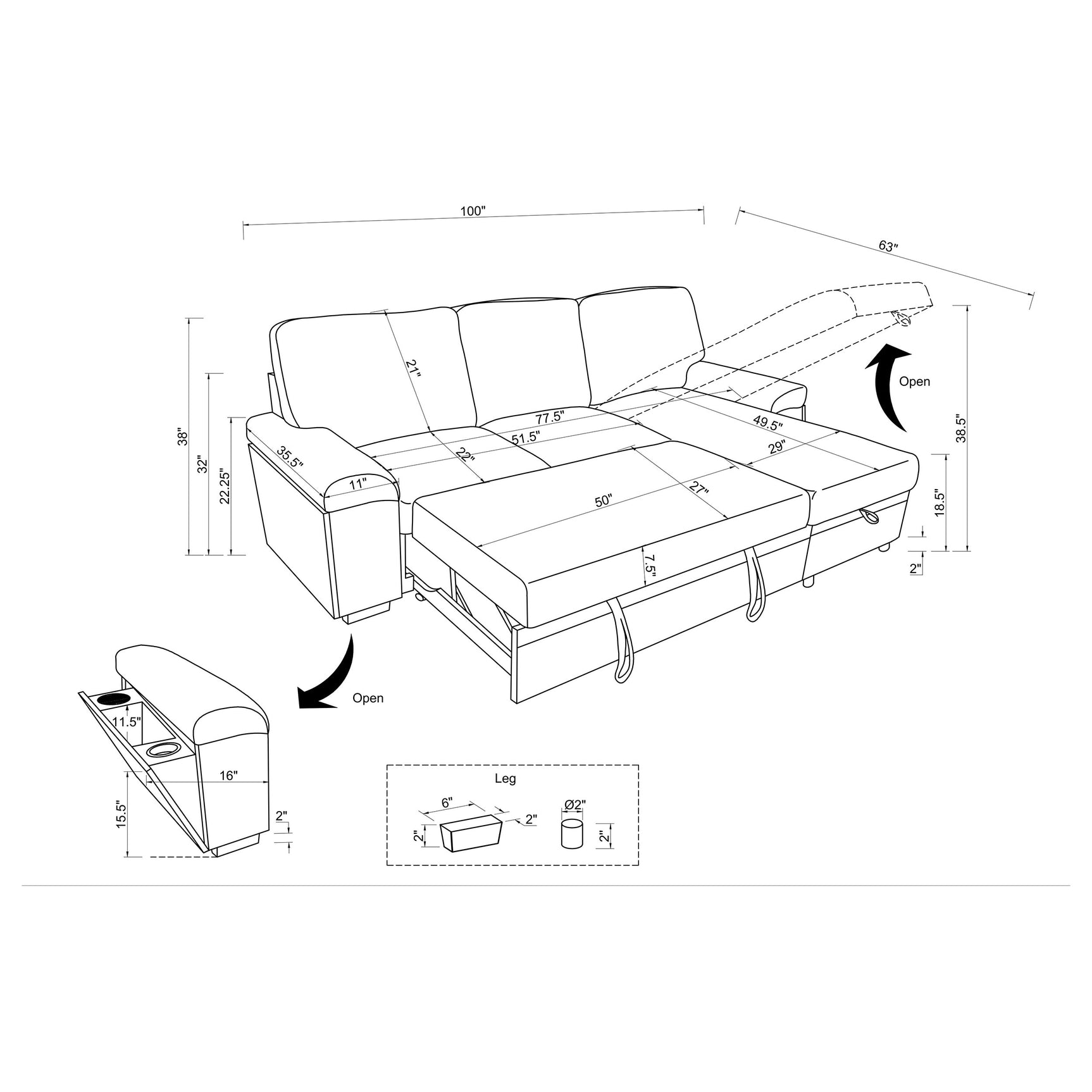 Demko Black Sleeper Sectional Sofa with Speaker and Storage Chaise - Ornate Home
