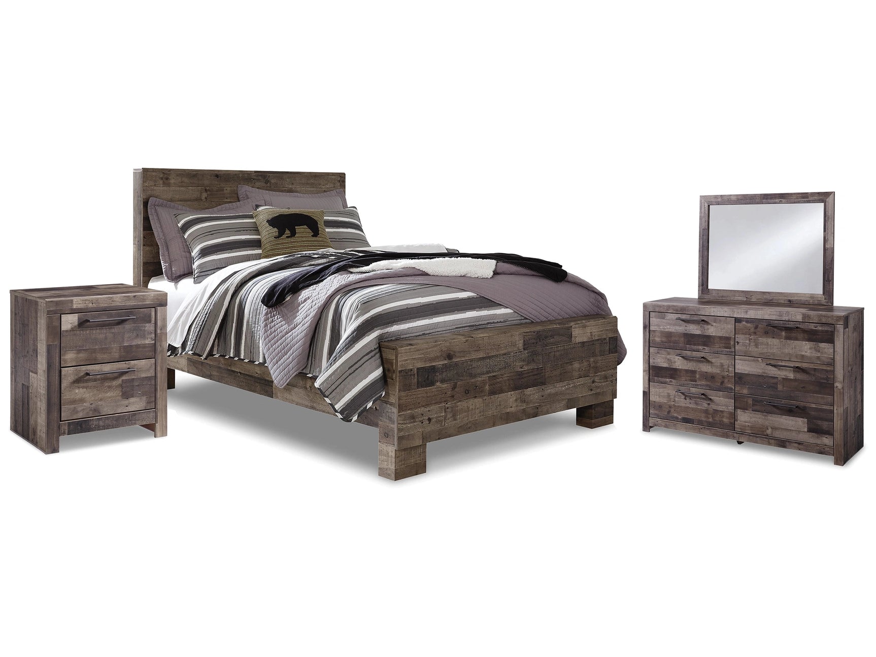 Derekson Multi Gray Full Panel Bedroom Set with Dresser, Mirror and Nightstand - Ornate Home