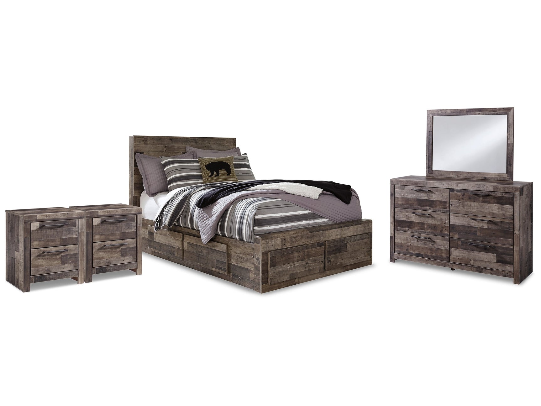 Derekson Multi Gray Full Panel Storage Bedroom Set with Dresser, Mirror and 2 Nightstands - Ornate Home