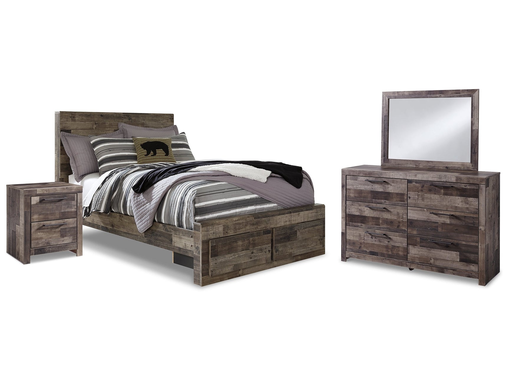 Derekson Multi Gray Full Panel Storage Bedroom Set with Dresser, Mirror and Nightstand - Ornate Home