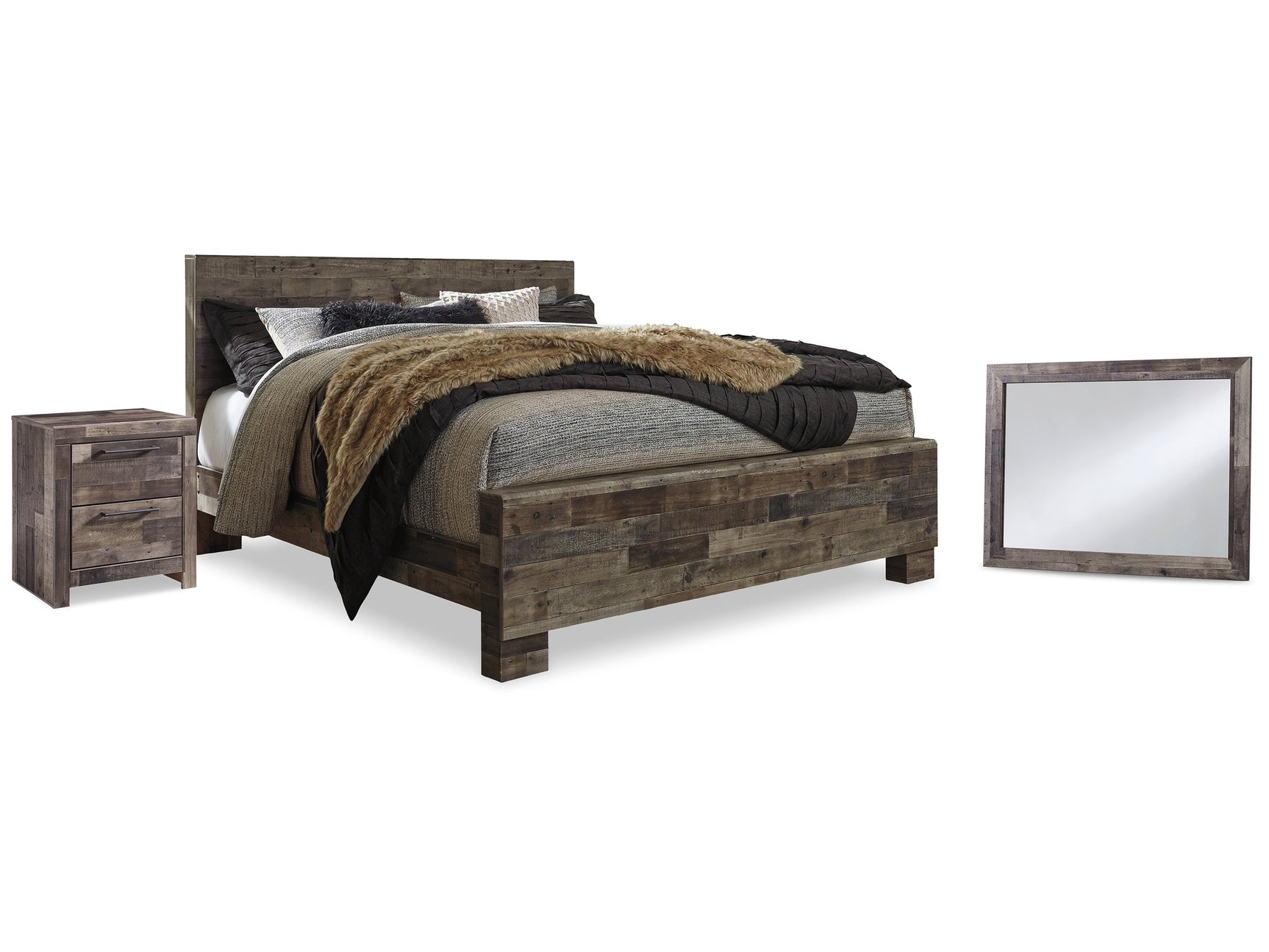 Derekson Multi Gray King Panel Bedroom Set with Mirror and Nightstand (Online Special Price) - Ornate Home