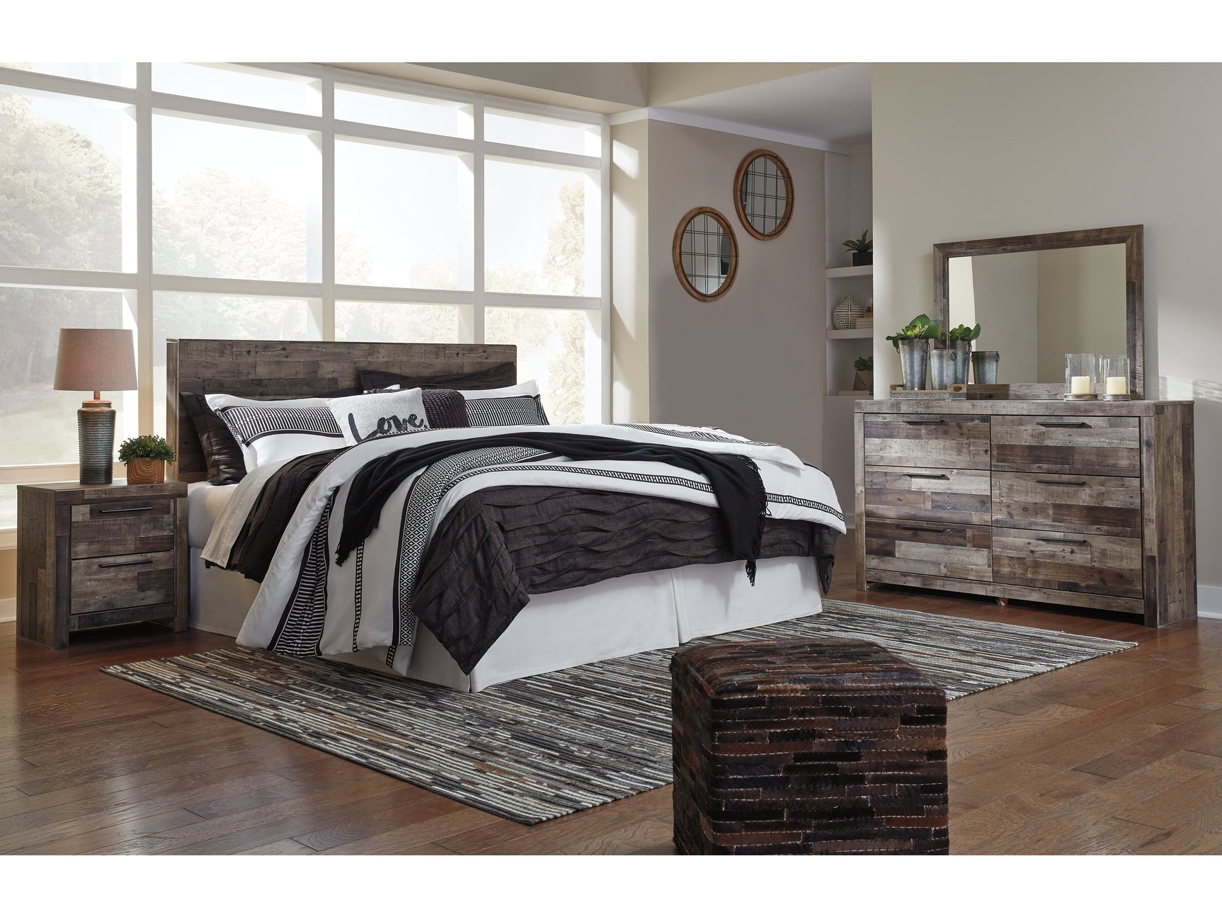 Derekson Multi Gray King Panel Headboard, Dresser, Mirror and Nightstand (Online Special Price) - Ornate Home