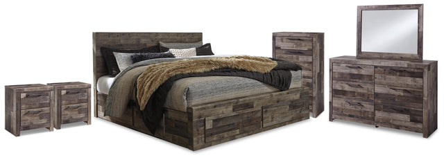 Derekson Multi Gray King Panel Storage Bed, Dresser, Mirror, Chest and 2 Nightstands - Ornate Home