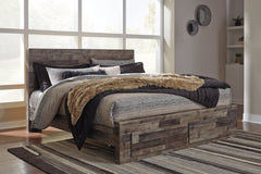 Derekson Multi Gray King Panel Storage Bedroom Set with Dresser, Mirror, Chest and 2 Nightstands - Ornate Home