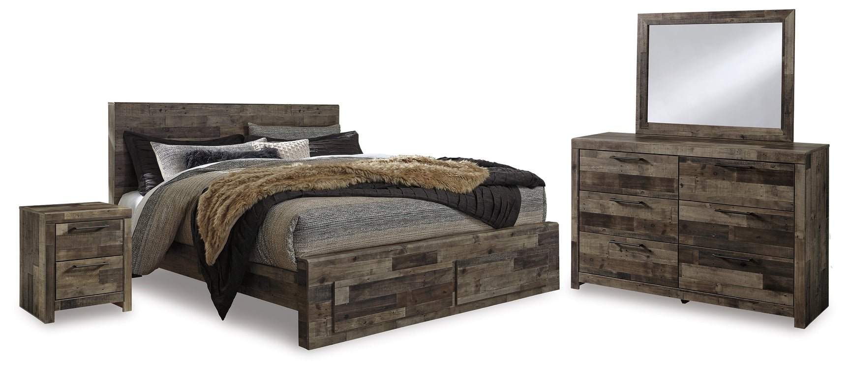 Derekson Multi Gray King Panel Storage Bedroom Set with Dresser, Mirror and Nightstand (Online Special Price) - Ornate Home