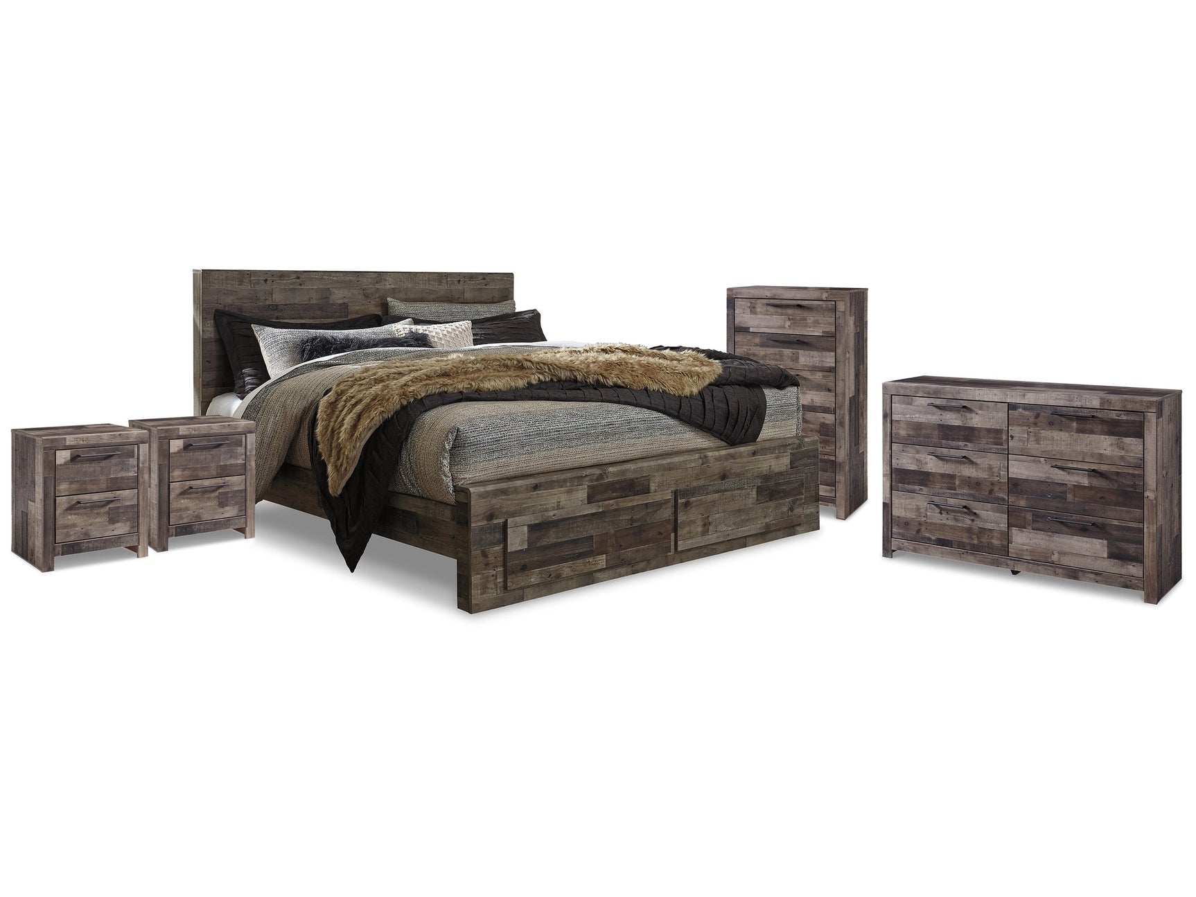 Derekson Multi Gray King Storage Bedroom Set with Dresser, Chest and 2 Nightstands (Online Special Price) - Ornate Home