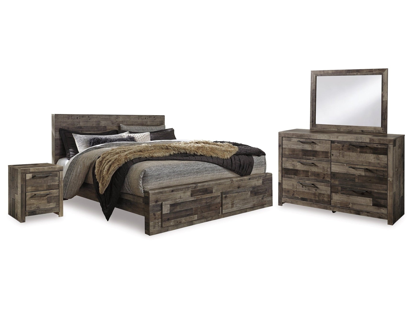 Derekson Multi Gray King Storage Bedroom Set with Dresser, Mirror and 2 Nightstands (Online Special Price) - Ornate Home