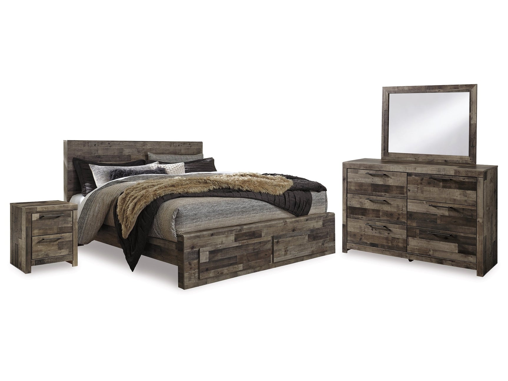 Derekson Multi Gray King Storage Bedroom Set with Dresser, Mirror and 2 Nightstands - Ornate Home