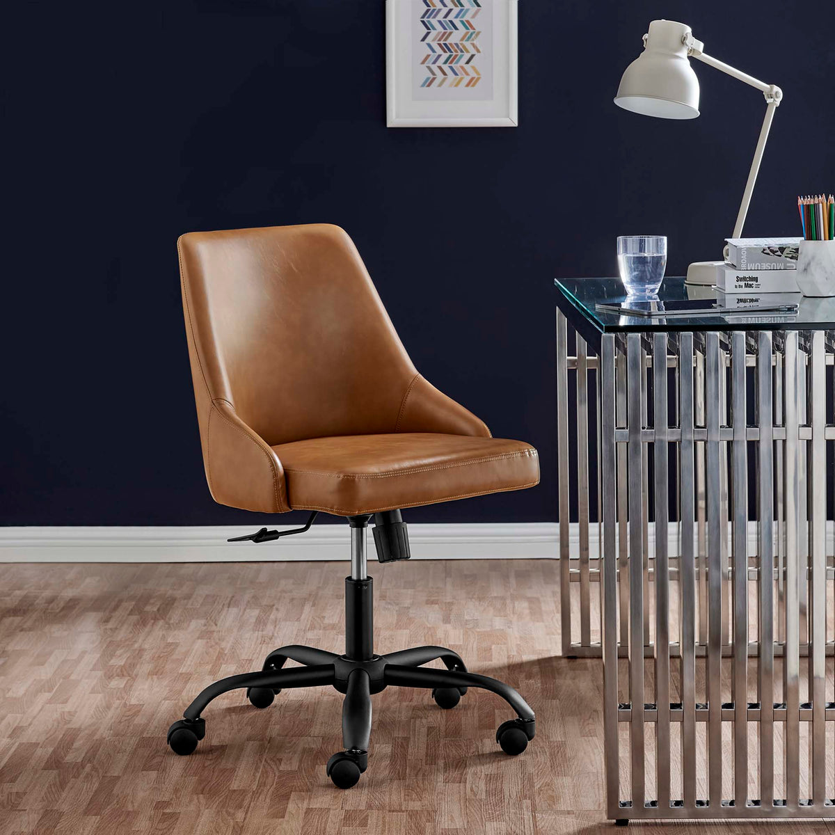 Designate Black/Tan Swivel Vegan Leather Office Chair - Ornate Home