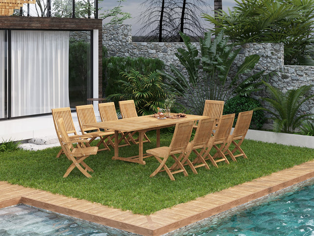Devon 9-Piece Rectangular Teak Outdoor Family Dining Set with Extendable Table and Folding Chairs - Ornate Home