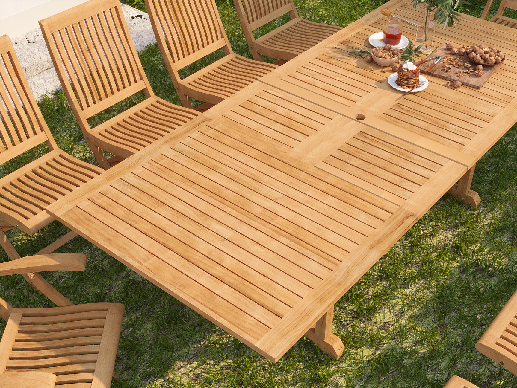 Devon 9-Piece Rectangular Teak Outdoor Family Dining Set with Extendable Table and Folding Chairs - Ornate Home