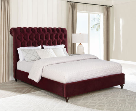 Devon Wine Red Upholstered Queen Panel Bed - Ornate Home