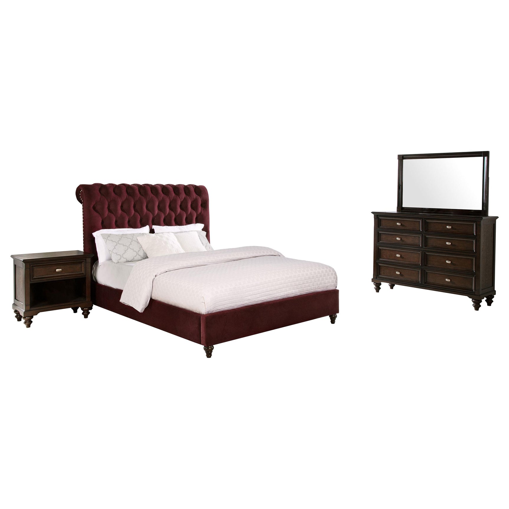 Devon Wine Red and Dark Oak 4-piece Full Bedroom Set - Ornate Home