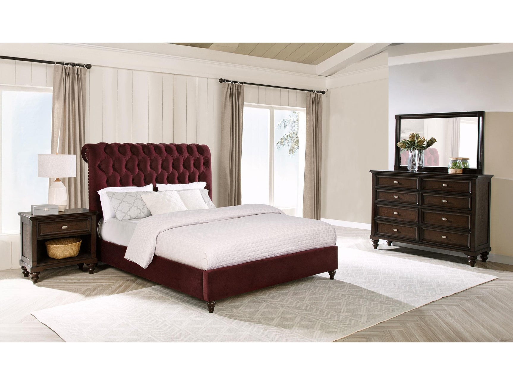 Devon Wine Red and Dark Oak 4-piece Queen Bedroom Set - Ornate Home