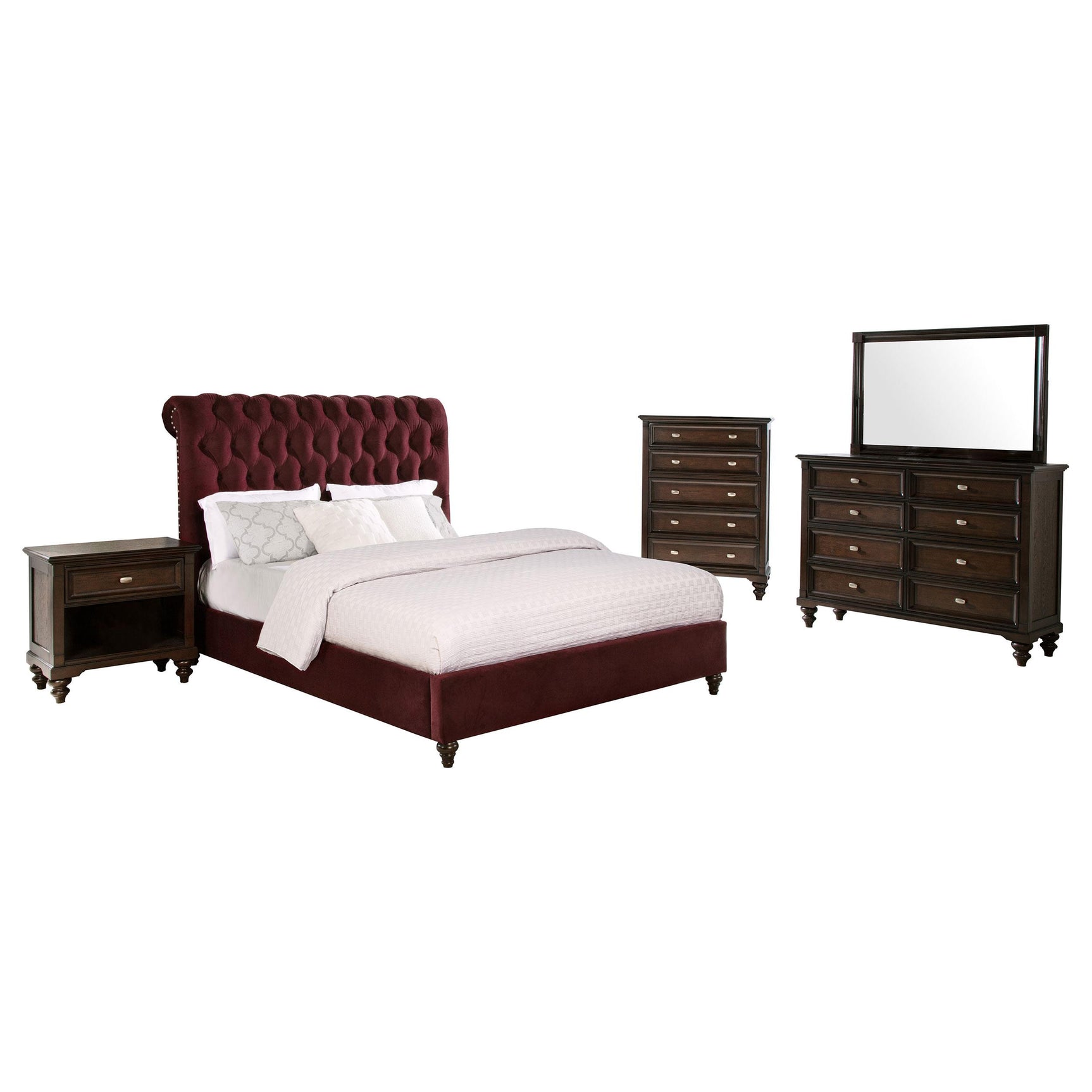 Devon Wine Red and Dark Oak 5-piece Queen Bedroom Set - Ornate Home