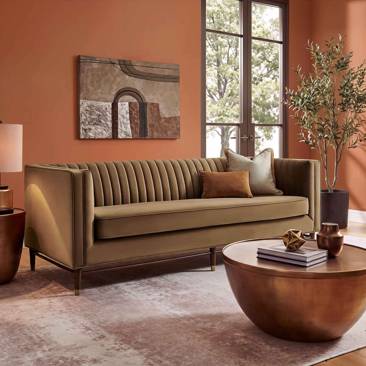 Devote Carob 93 Inch Performance Velvet Channel Tufted Sofa