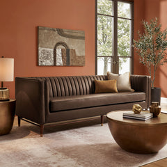 Devote Espresso 93 Inch Vegan Leather Channel Tufted Sofa