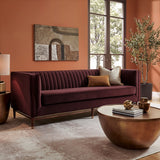 Devote Mulberry 93 Inch Performance Velvet Channel Tufted Sofa