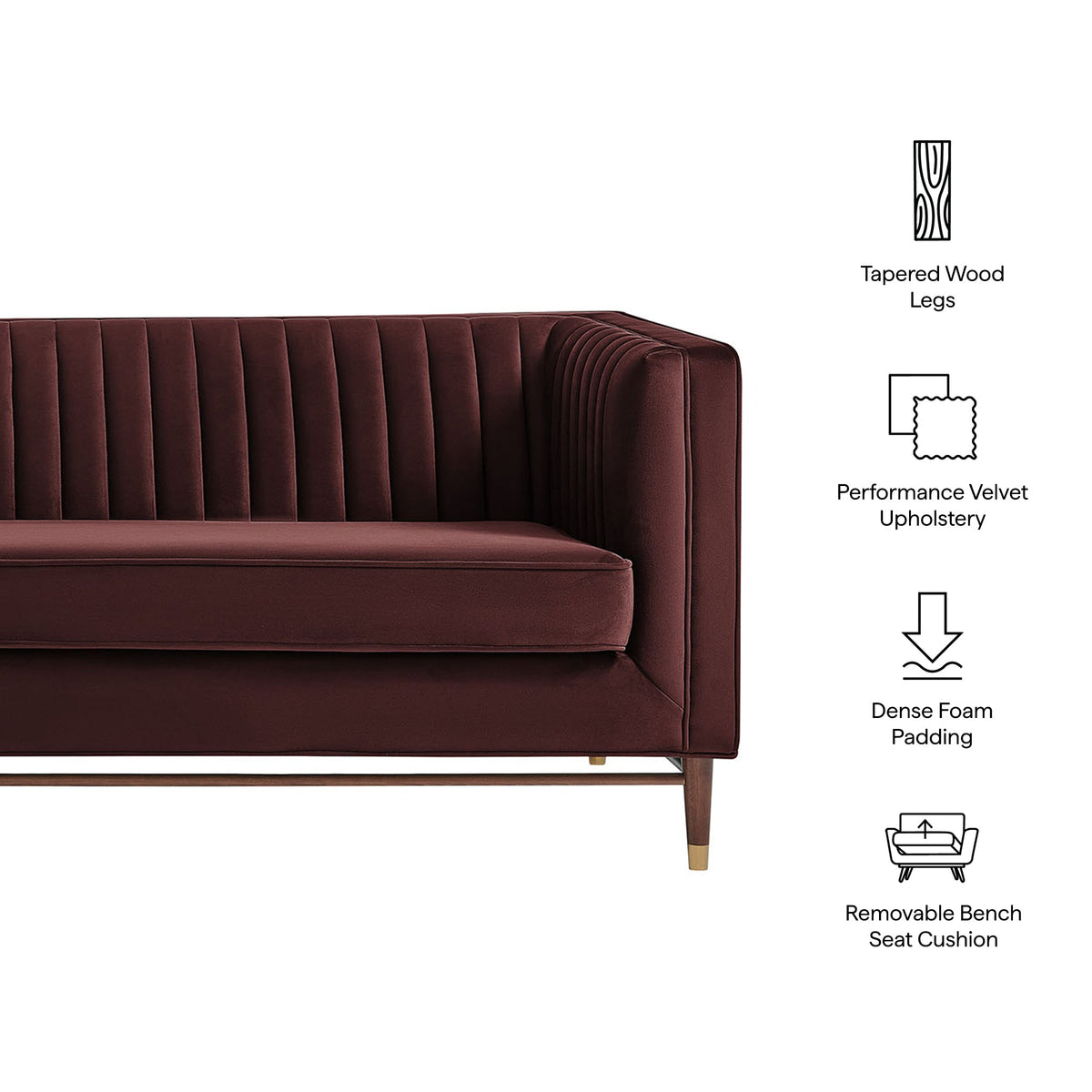 Devote Mulberry 93 Inch Performance Velvet Channel Tufted Sofa