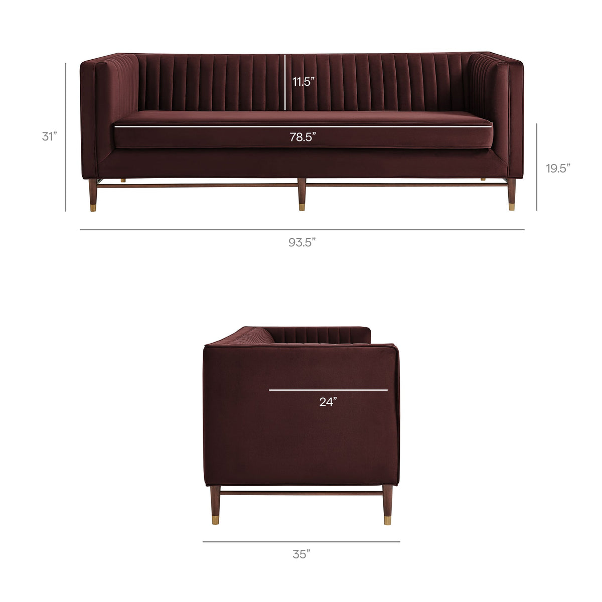 Devote Mulberry 93 Inch Performance Velvet Channel Tufted Sofa