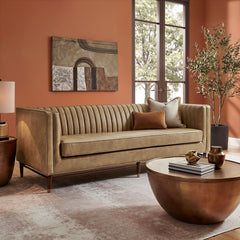 Devote Toast 93 Inch Vegan Leather Channel Tufted Sofa