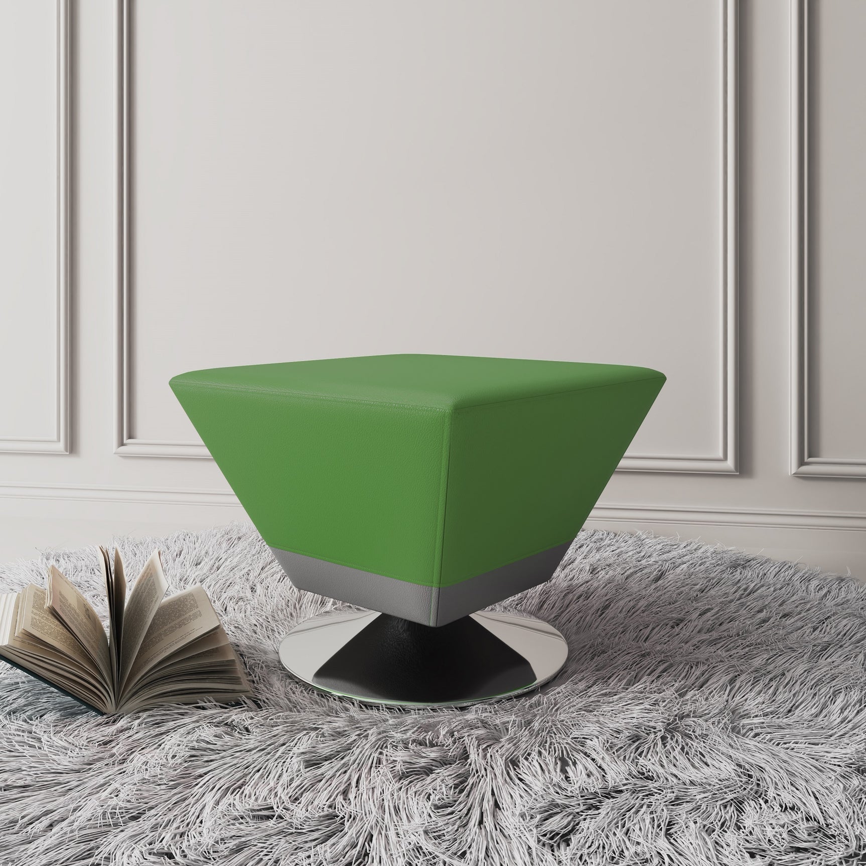 Diamond Swivel Ottoman in Green and Polished Chrome - Ornate Home