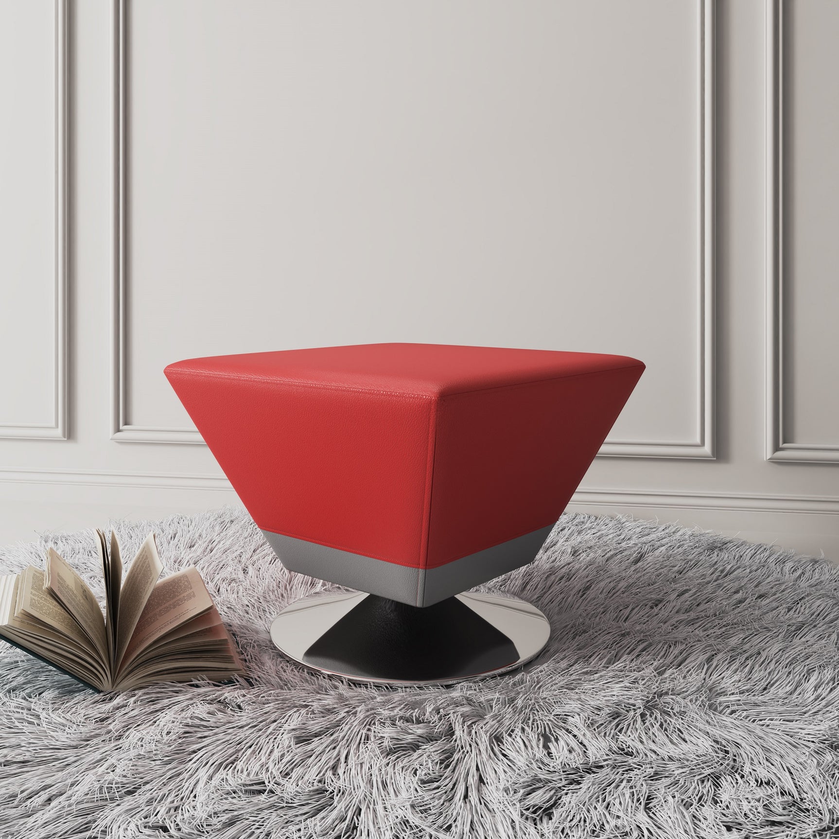 Diamond Swivel Ottoman in Red and Polished Chrome - Ornate Home