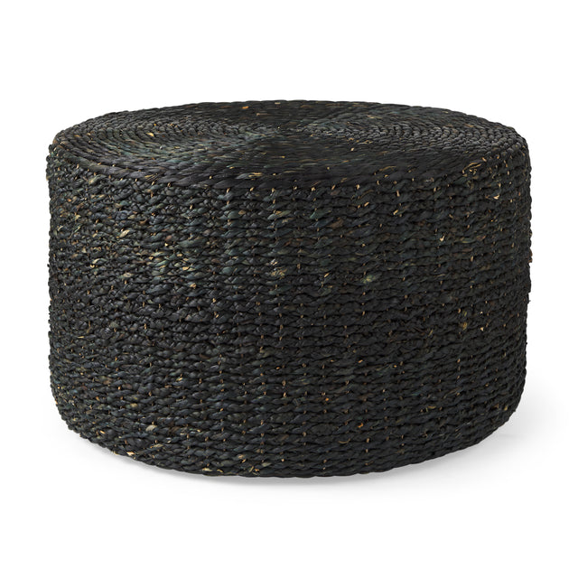 Dina Black Cornhusk and Water Hyacinth Round Coffee Table Pouf - Ornate Home