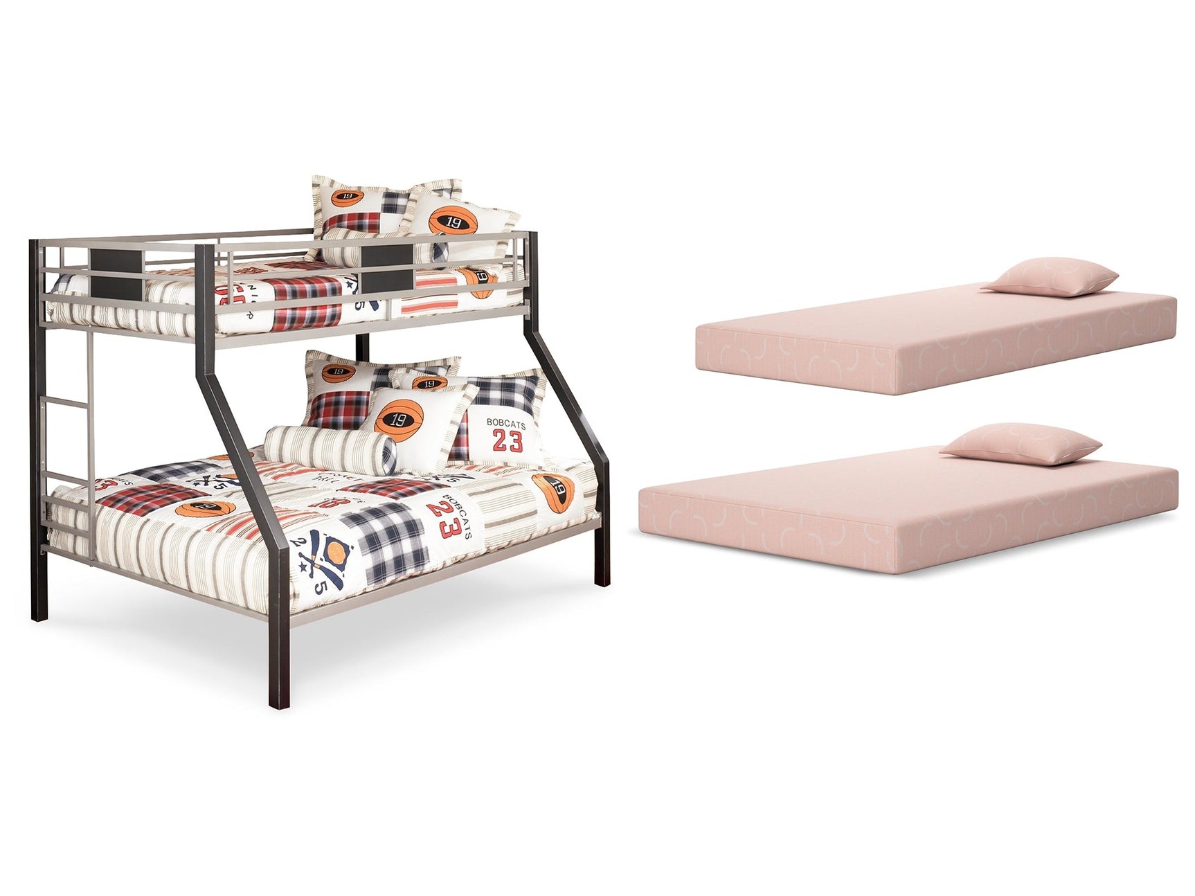 Dinsmore Black/Gray Twin over Full Bunk Bed w/Mattresses - Ornate Home