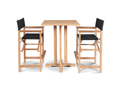 Director 3-Piece Square Teak Black Outdoor Bar Height Dining Set with Folding Armchairs - Ornate Home