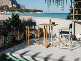 Director 3-Piece Square Teak Blue Outdoor Bar Height Dining Set with Folding Armchairs - Ornate Home