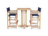 Director 3-Piece Square Teak Blue Outdoor Bar Height Dining Set with Folding Armchairs - Ornate Home