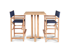 Director 3-Piece Square Teak Blue Outdoor Bar Height Dining Set with Folding Armchairs - Ornate Home