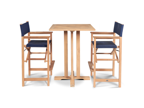 Director 3-Piece Square Teak Blue Outdoor Bar Height Dining Set with Folding Armchairs - Ornate Home
