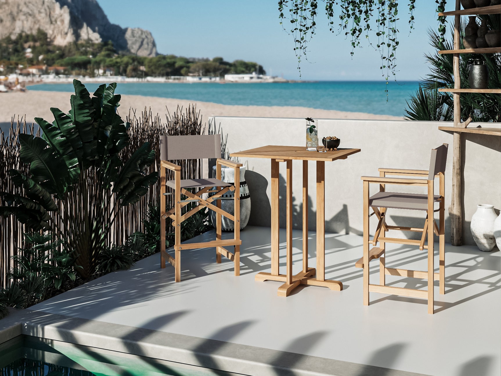 Director 3-Piece Square Teak Taupe Outdoor Bar Height Dining Set with Folding Armchairs - Ornate Home