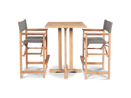 Director 3-Piece Square Teak Taupe Outdoor Bar Height Dining Set with Folding Armchairs - Ornate Home
