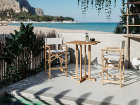Director 3-Piece Square Teak White Outdoor Bar Height Dining Set with Folding Armchairs - Ornate Home