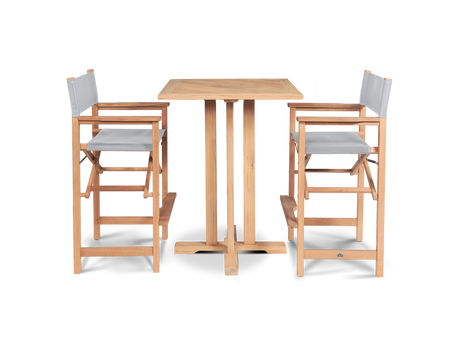 Director 3-Piece Square Teak White Outdoor Bar Height Dining Set with Folding Armchairs - Ornate Home