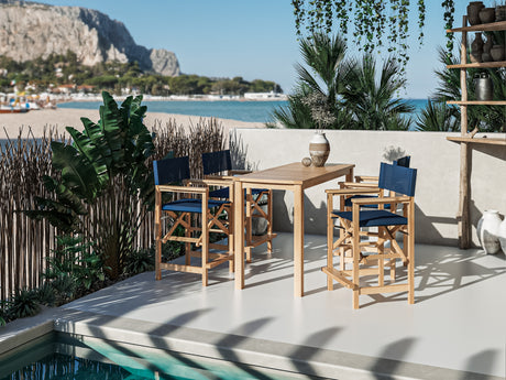 Director 5-Piece Rectangular Teak Blue Outdoor Counter Height Dining Set with Folding Armchairs - Ornate Home