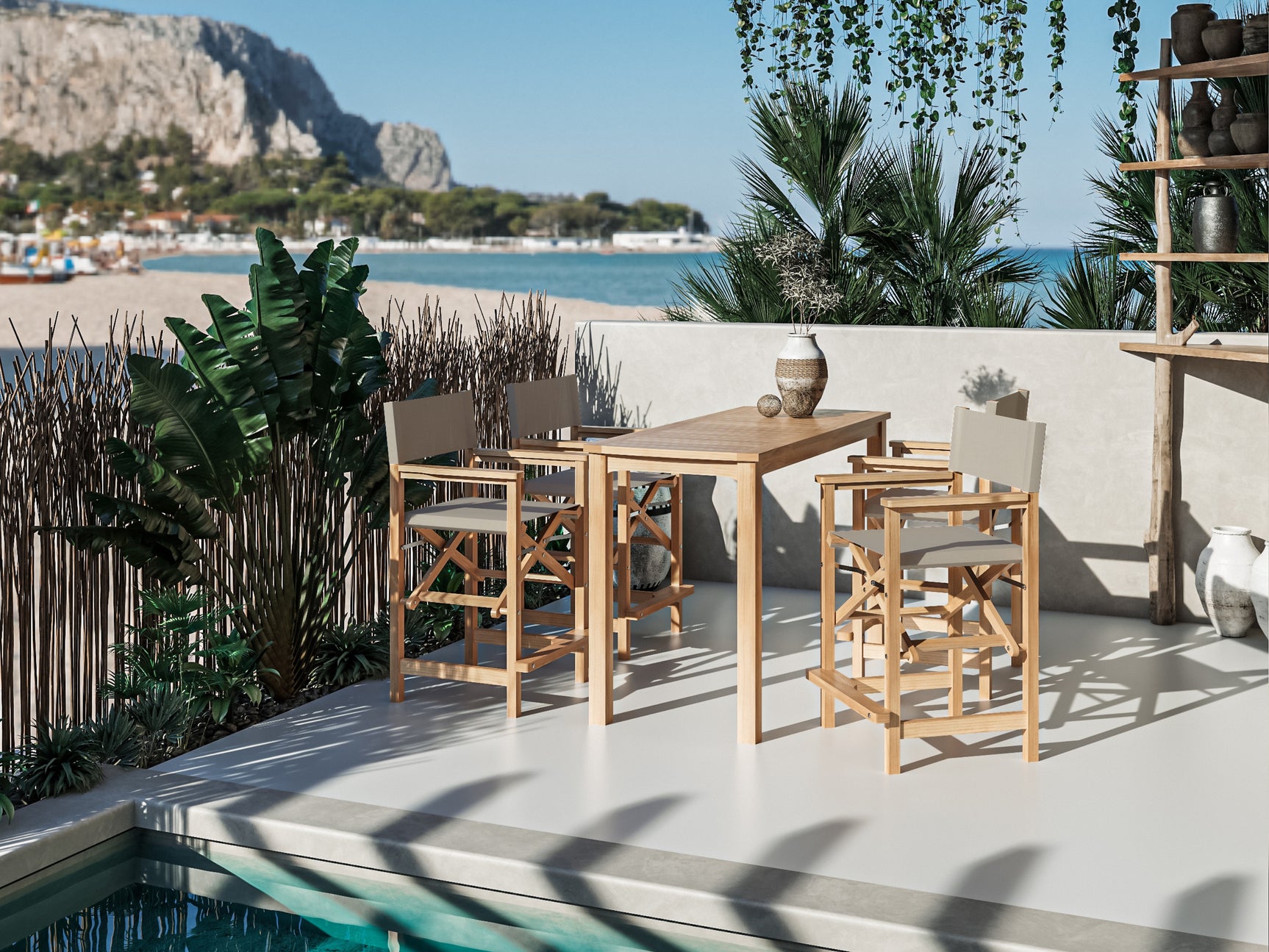 Director 5-Piece Rectangular Teak Taupe Outdoor Counter Height Dining Set with Folding Armchairs - Ornate Home