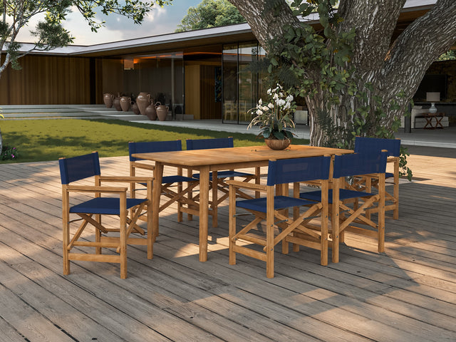 Director 7-Piece Teak Blue Outdoor Family Dining Set with Folding Armchairs - Ornate Home