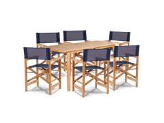 Director 7-Piece Teak Blue Outdoor Family Dining Set with Folding Armchairs - Ornate Home