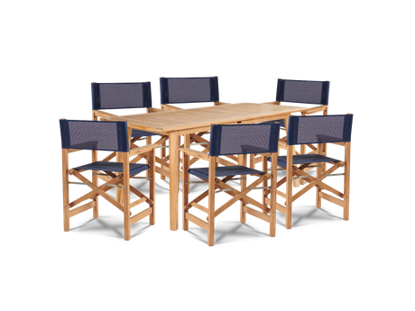Director 7-Piece Teak Blue Outdoor Family Dining Set with Folding Armchairs - Ornate Home