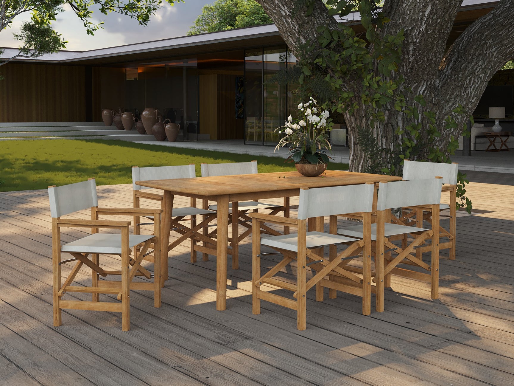 Director 7-Piece Teak White Outdoor Family Dining Set with Folding Armchairs - Ornate Home